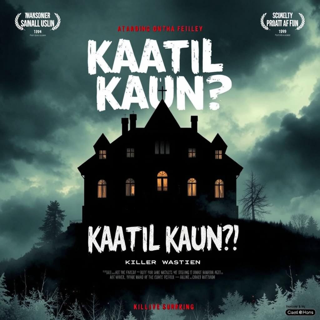 Design a horrific and suspenseful movie poster for the thriller film titled 'Kaatil Kaun?!'