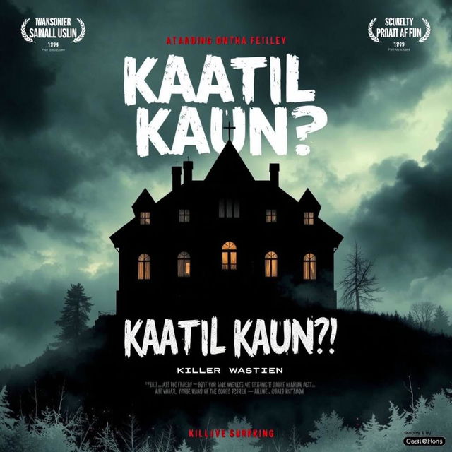 Design a horrific and suspenseful movie poster for the thriller film titled 'Kaatil Kaun?!'