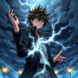 Un ragazzo nero maestro del tuono in uno stile anime, con fulmini che scaturiscono dalle sue mani e occhi che brillano di energia elettrica