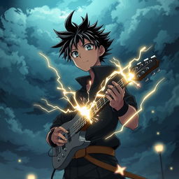 Un ragazzo nero maestro del tuono in uno stile anime, con fulmini che scaturiscono dalle sue mani e occhi che brillano di energia elettrica