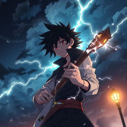 Un ragazzo nero maestro del tuono in uno stile anime, con fulmini che scaturiscono dalle sue mani e occhi che brillano di energia elettrica