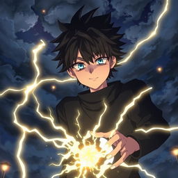 Un ragazzo nero maestro del tuono in uno stile anime, con fulmini che scaturiscono dalle sue mani e occhi che brillano di energia elettrica