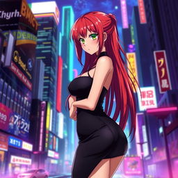 A beautiful anime girl with red hair and a stunning figure, wearing a tight black dress