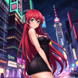 A beautiful anime girl with red hair and a stunning figure, wearing a tight black dress