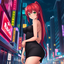 A beautiful anime girl with red hair and a stunning figure, wearing a tight black dress