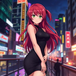 A beautiful anime girl with red hair and a stunning figure, wearing a tight black dress