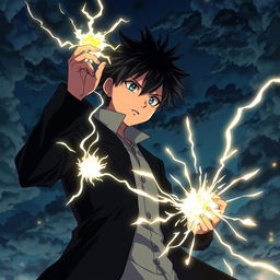 Un ragazzo nero maestro del tuono in uno stile anime, con fulmini che scaturiscono dalle sue mani e occhi che brillano di energia elettrica