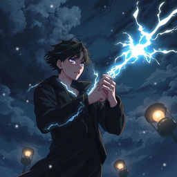 Un ragazzo nero maestro del tuono in uno stile anime, con fulmini che scaturiscono dalle sue mani e occhi che brillano di energia elettrica