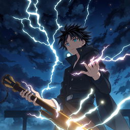 Un ragazzo nero maestro del tuono in uno stile anime, con fulmini che scaturiscono dalle sue mani e occhi che brillano di energia elettrica