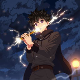 Un ragazzo nero maestro del tuono in uno stile anime, con fulmini che scaturiscono dalle sue mani e occhi che brillano di energia elettrica