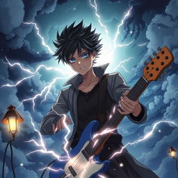 Un ragazzo di pelle scura maestro del tuono in uno stile anime, con fulmini che scaturiscono dalle sue mani e occhi che brillano di energia elettrica