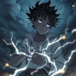 Un ragazzo di pelle scura maestro del tuono in uno stile anime, con fulmini che scaturiscono dalle sue mani e occhi che brillano di energia elettrica