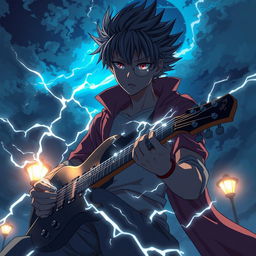 Un ragazzo di pelle scura maestro del tuono in uno stile anime, con fulmini che scaturiscono dalle sue mani e occhi che brillano di energia elettrica