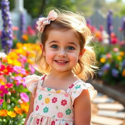 A sweet, adorable young girl with a bright smile, wearing a cute dress and standing in a beautiful garden filled with colorful flowers