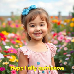 A sweet, adorable young girl with a bright smile, wearing a cute dress and standing in a beautiful garden filled with colorful flowers