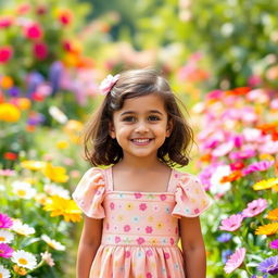 A sweet, adorable young girl with a bright smile, wearing a cute dress and standing in a beautiful garden filled with colorful flowers