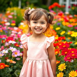 A sweet, adorable young girl with a bright smile, wearing a cute dress and standing in a beautiful garden filled with colorful flowers