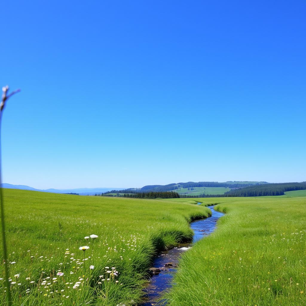 A serene landscape featuring a lush green meadow with wildflowers, a clear blue sky, and a gentle stream flowing through the scene