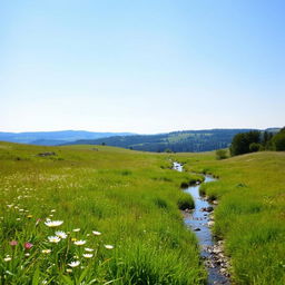 A serene landscape featuring a lush green meadow with wildflowers, a clear blue sky, and a gentle stream flowing through the scene