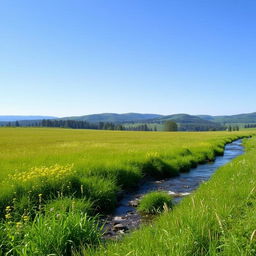 A serene landscape featuring a lush green meadow with wildflowers, a clear blue sky, and a gentle stream flowing through the scene