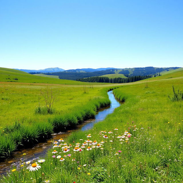 A serene landscape featuring a lush green meadow with wildflowers, a clear blue sky, and a gentle stream flowing through the scene