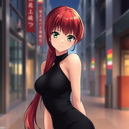 A beautiful anime girl with red hair and a stunning figure, wearing a form-fitting black dress