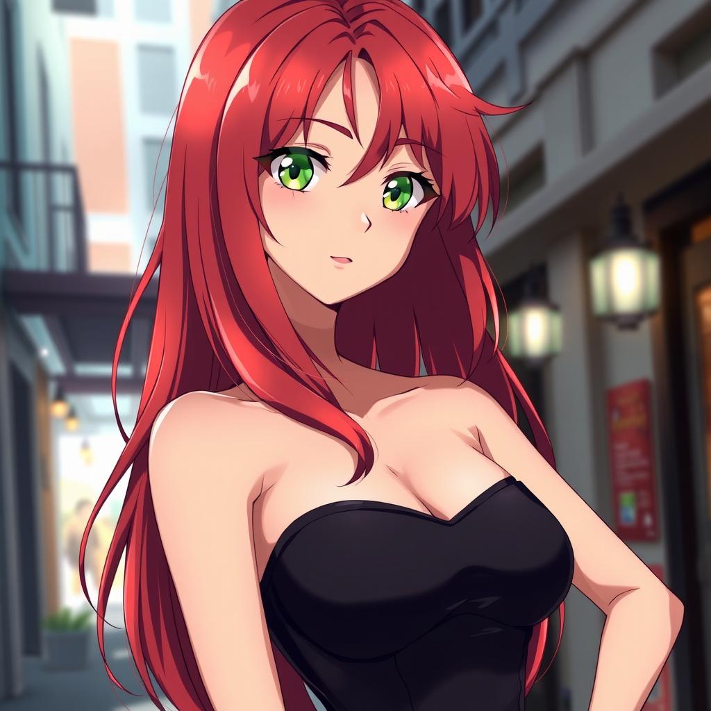 A beautiful anime girl with red hair and a stunning figure, wearing a form-fitting black dress