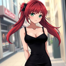 A beautiful anime girl with red hair and a stunning figure, wearing a form-fitting black dress