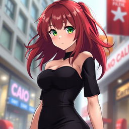 A beautiful anime girl with red hair and a stunning figure, wearing a form-fitting black dress