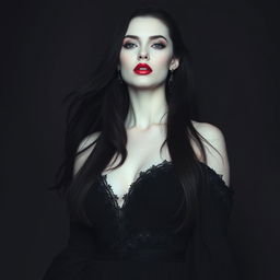 A beautiful and mysterious white woman with long dark hair, a slender face, and stunning red lips, wearing a magnificent long black dress