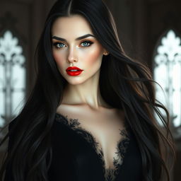 A beautiful and mysterious white woman with long dark hair, a slender face, and stunning red lips, wearing a magnificent long black dress