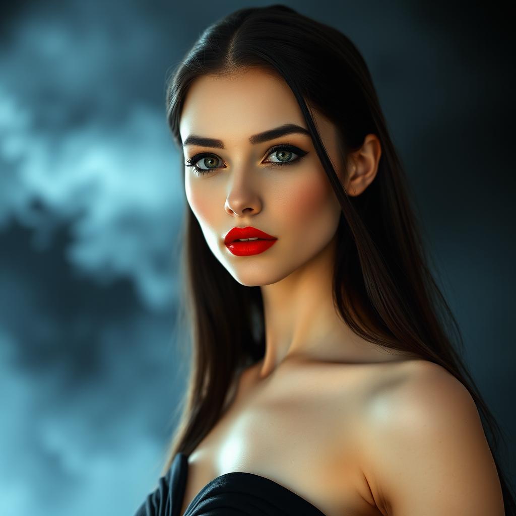 A beautiful and mysterious white woman with long dark hair, a slender face, and stunning red lips, wearing a magnificent long black dress