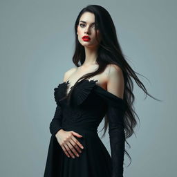 A beautiful and mysterious white woman with long dark hair, a slender face, and stunning red lips, wearing a magnificent long black dress