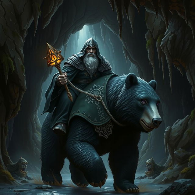 A hood-wearing bald duergar paladin with purple eyes, a thick white beard, and charcoal purple skin rides a dark Kodiak bear in an underground pass