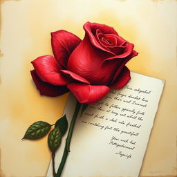 A beautiful painting featuring a crimson rose and a letter as the background