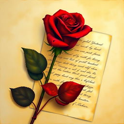 A beautiful painting featuring a crimson rose and a letter as the background