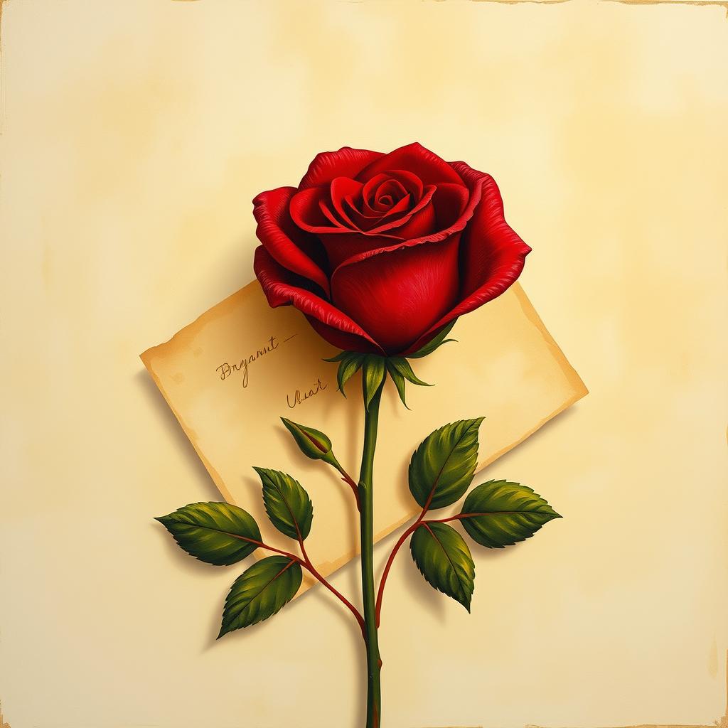 A beautiful painting featuring a crimson rose and a letter as the background