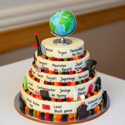 A wedding cheesecake themed around 'Languages and Travel'