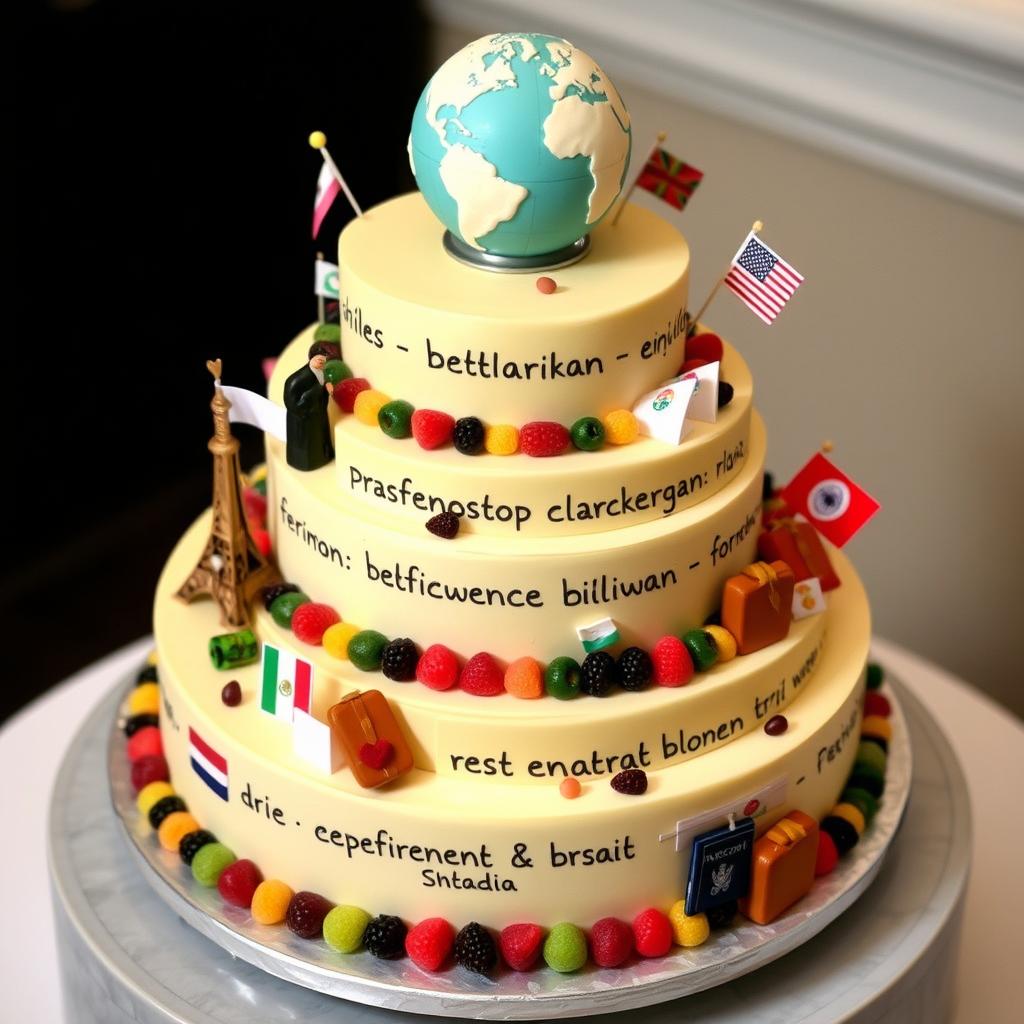 A wedding cheesecake themed around 'Languages and Travel'