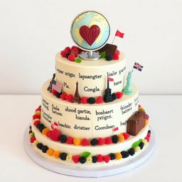 A wedding cheesecake themed around 'Languages and Travel'