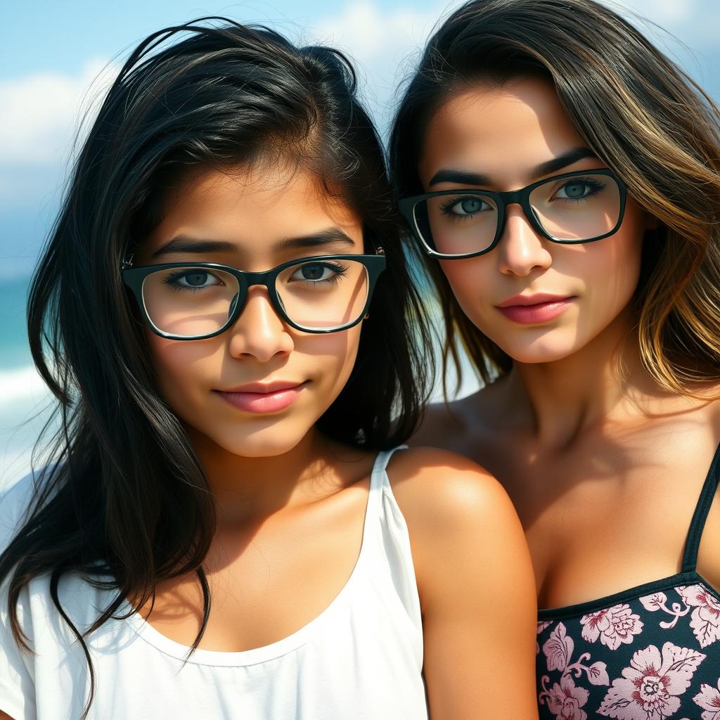 Two girls standing together on a beach