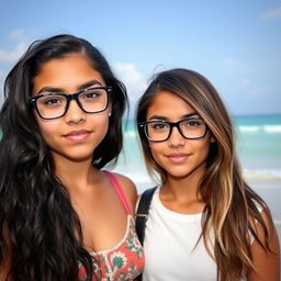 Two girls standing together on a beach