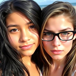 Two girls standing together on a beach