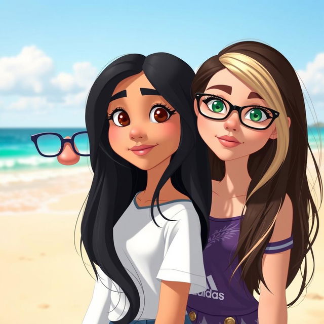 Two girls standing together on a beach in Disney style