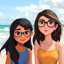 Two girls standing together on a beach in Disney style