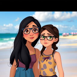 Two girls standing together on a beach in Disney style