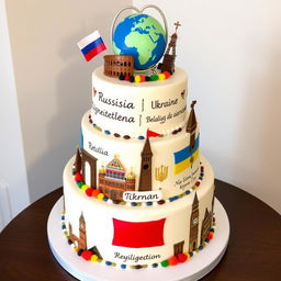 A wedding cheesecake themed around 'International Relationships' featuring Russia, Italy, Ukraine, Belarus, and the UK