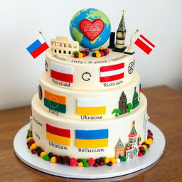 A wedding cheesecake themed around 'International Relationships' featuring Russia, Italy, Ukraine, Belarus, and the UK