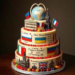 A wedding cheesecake themed around 'International Relationships' featuring Russia, Italy, Ukraine, Belarus, and the UK