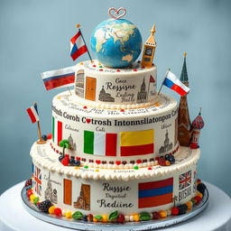 A wedding cheesecake themed around 'International Relationships' featuring Russia, Italy, Ukraine, Belarus, and the UK